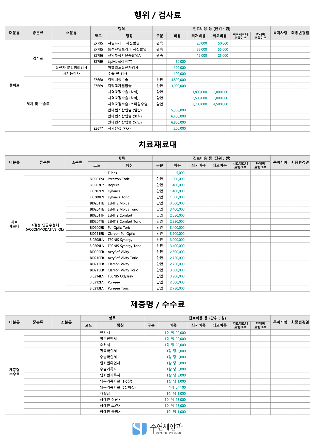 [수연세안과 비급여 수술/검사 및 제증명 비용 안내]